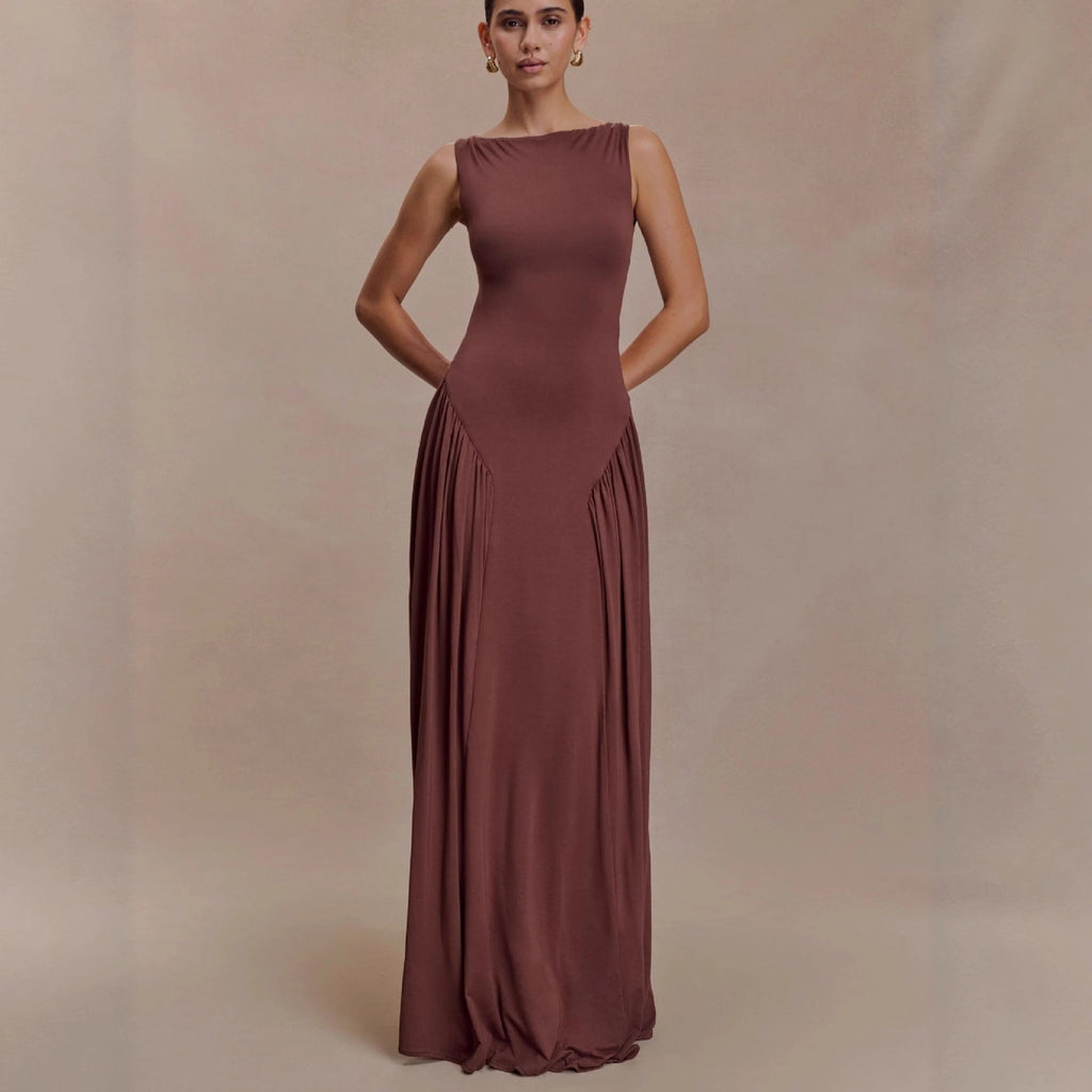 Fashion pleated hollow vest long dress slim-fitting backless sexy one-word neck dress