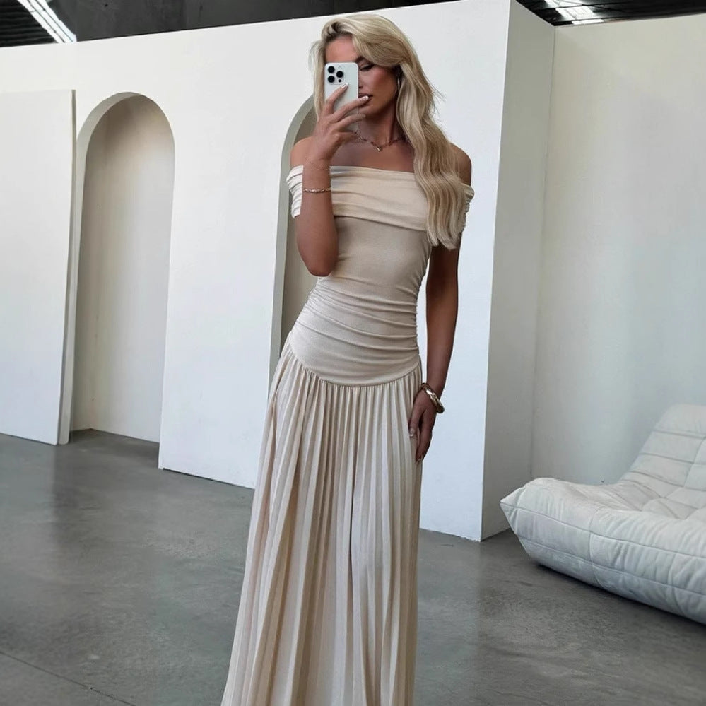 Fashion spliced resort-style one-shoulder slim-fit bandeau dress