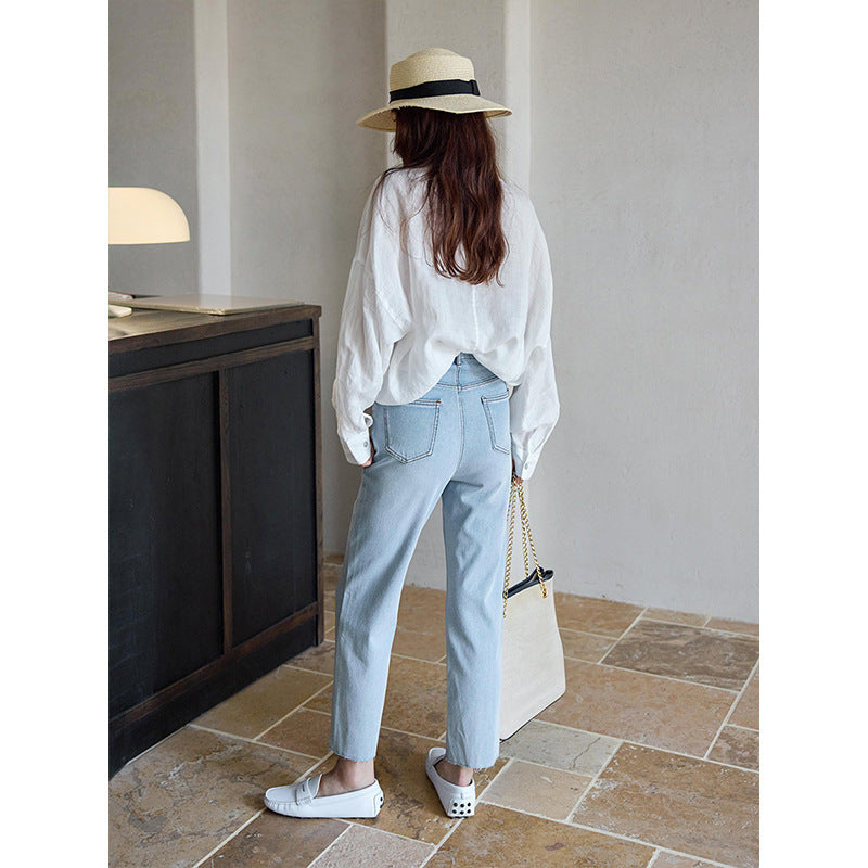 Acetate small feet rough edge nine-point jeans