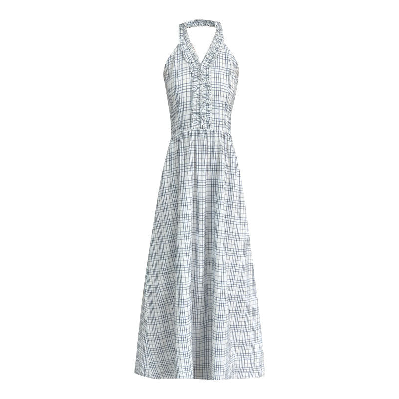 Korean plaid neck lace backless dress summer vacation style waist thin dress