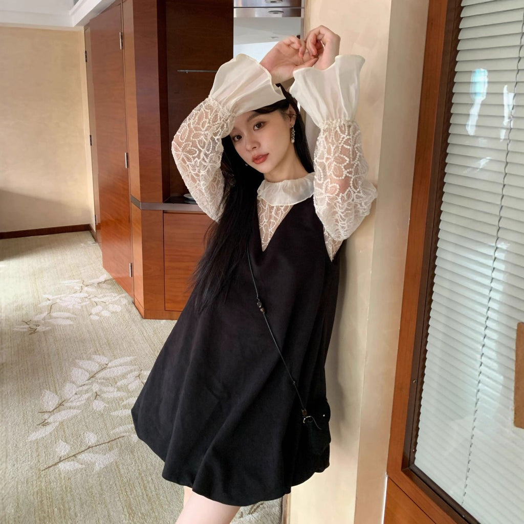 Small temperament age-reducing deerskin velvet vest dress with fanny pack