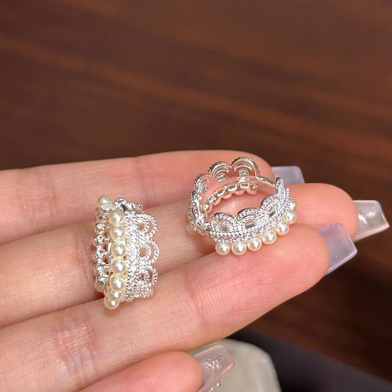 Lace lace pearl earrings niche design sense high temperament versatile fashion ear buckle earrings