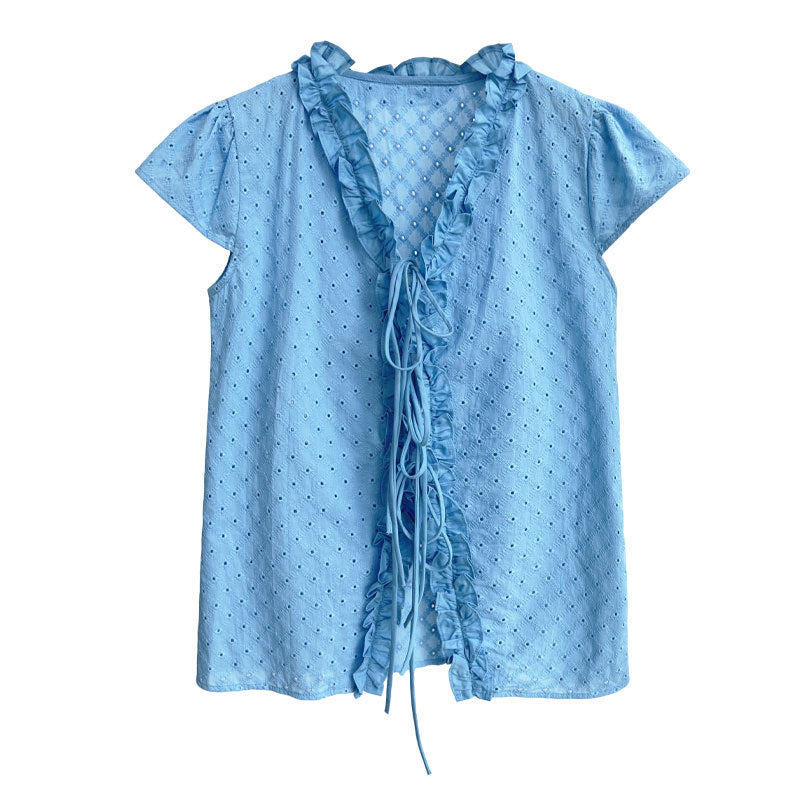 French sweet fungus edge V-neck short-sleeved women's summer new hollow embroidered strap shirt