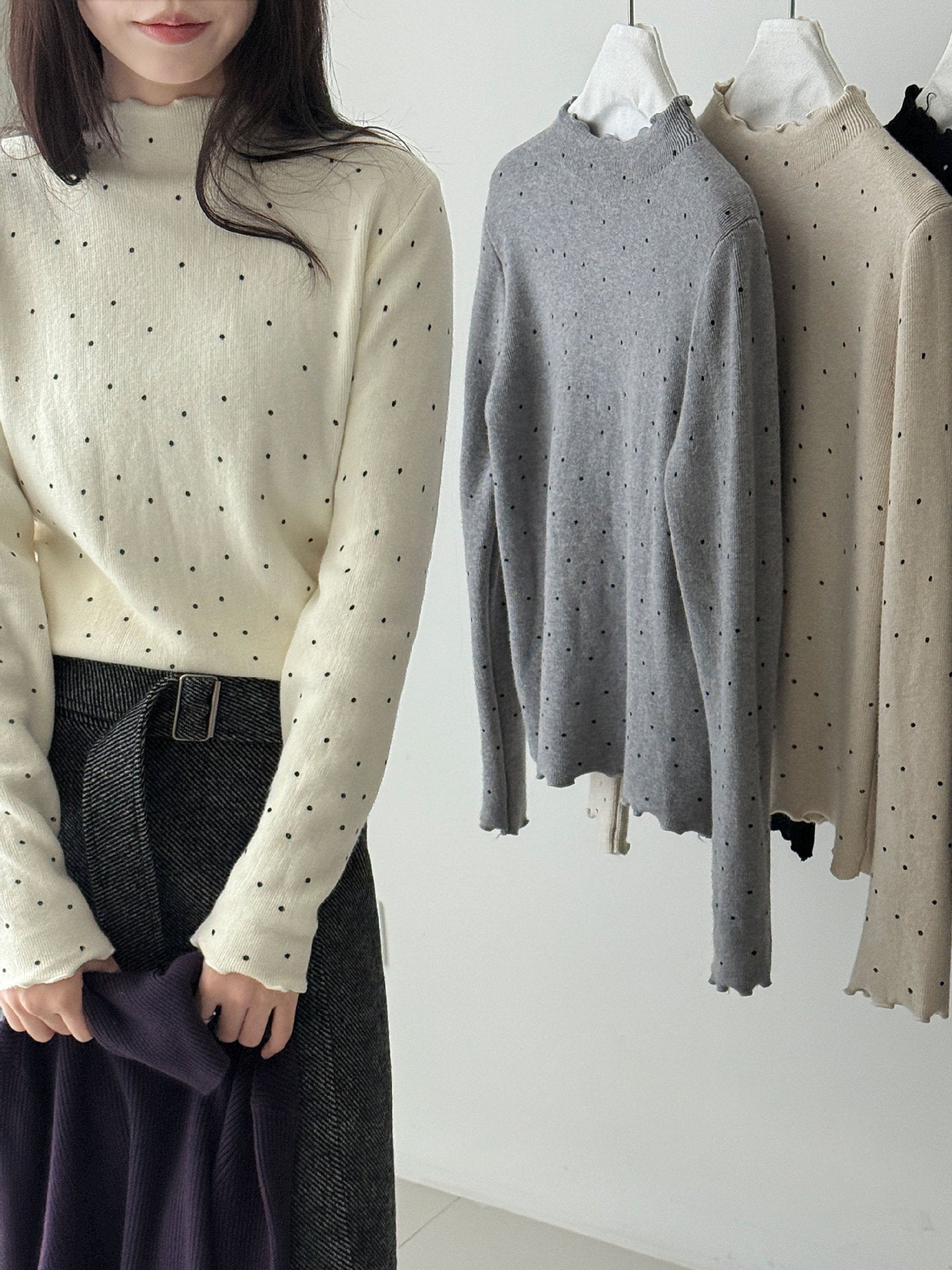 Half turtleneck polka dot elegantknitting shirt women's winter new arrival chic fungus edge inner tops