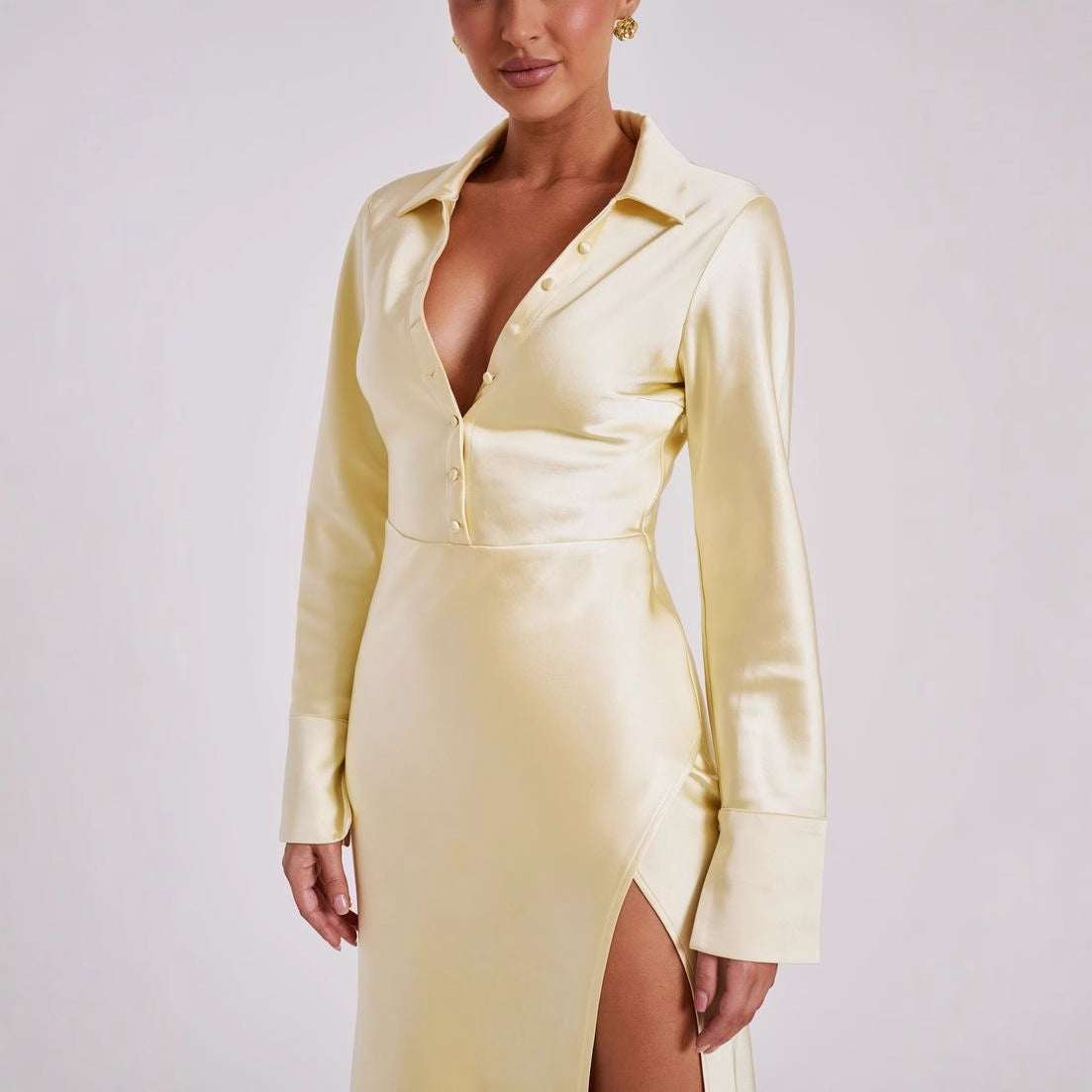 Fashion Vacation Style Long Sleeve Shirt Split Skirt Sexy Satin Dress