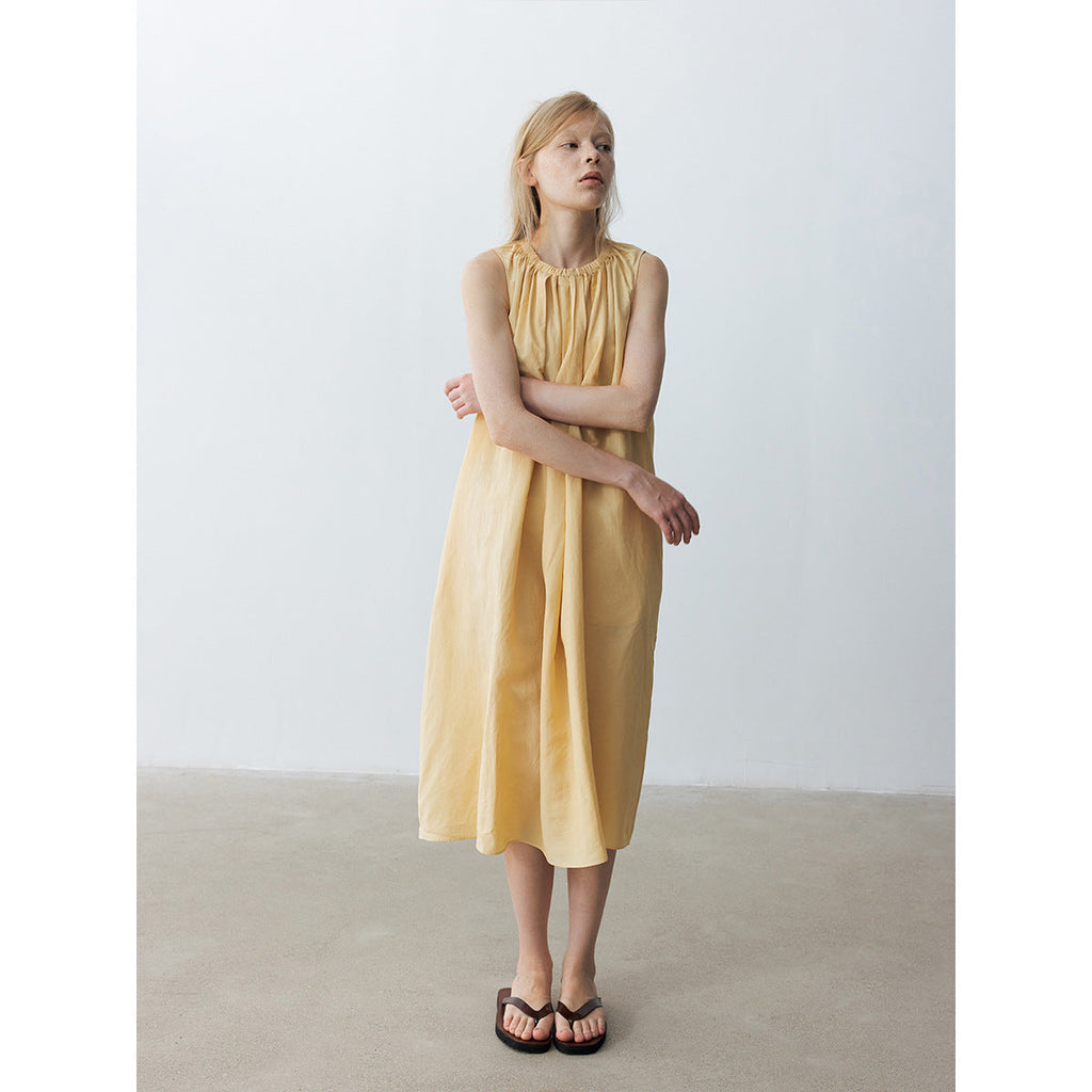 Summer new casual round neck tencel hemp pleated solid color medium and long vest skirt