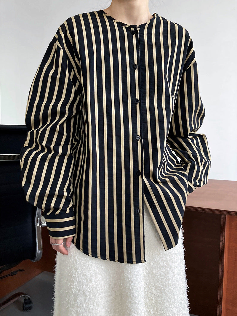 Springfrenchcasual round neck stripesshirt women's lazy loose long sleeves blogger classy shirt