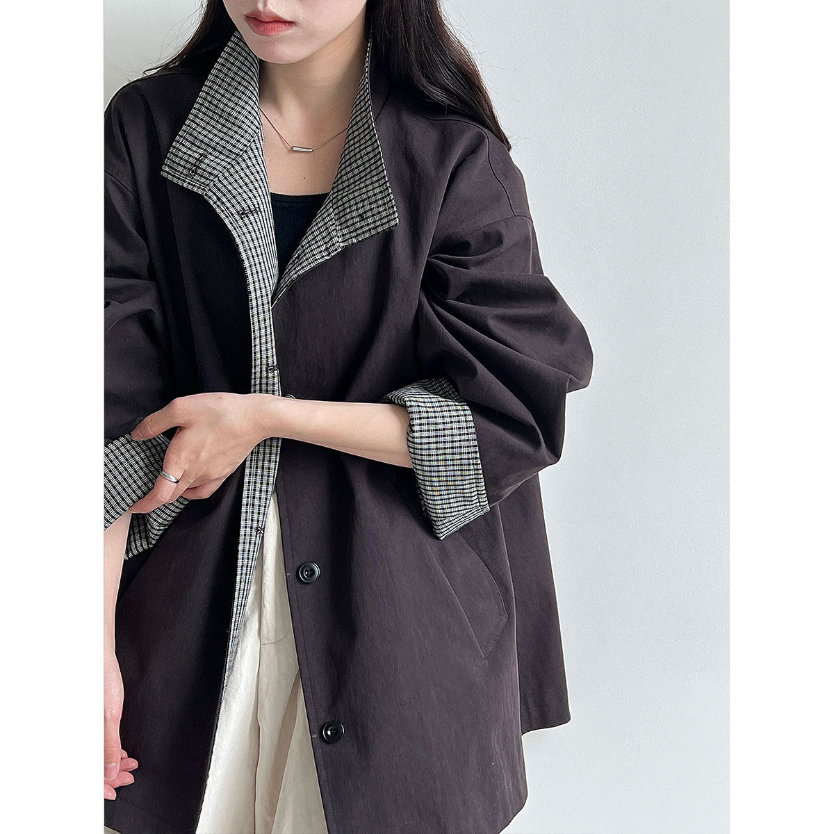 Plaid splicing stand-up collar British style medium and long trench coat women's autumn new silhouette loose coat