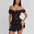 Fashionable sexy lace patchwork polka dot bandeau skirt slim cut-out one-shoulder dress