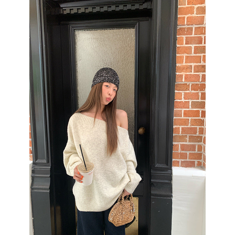 Casual lazy macaron-colored slanted shoulder sweater