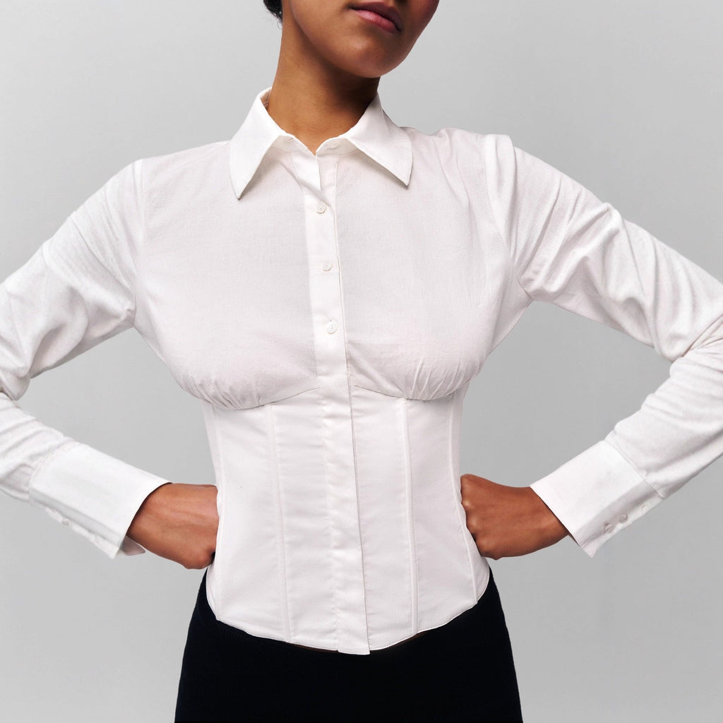 Slim tunic herringbone corset lace-up shirt