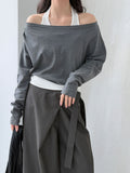 Korean style patchwork mock two-piece halter neck long sleeve t-shirt - women's autumn new design, elegant off-shoulder top