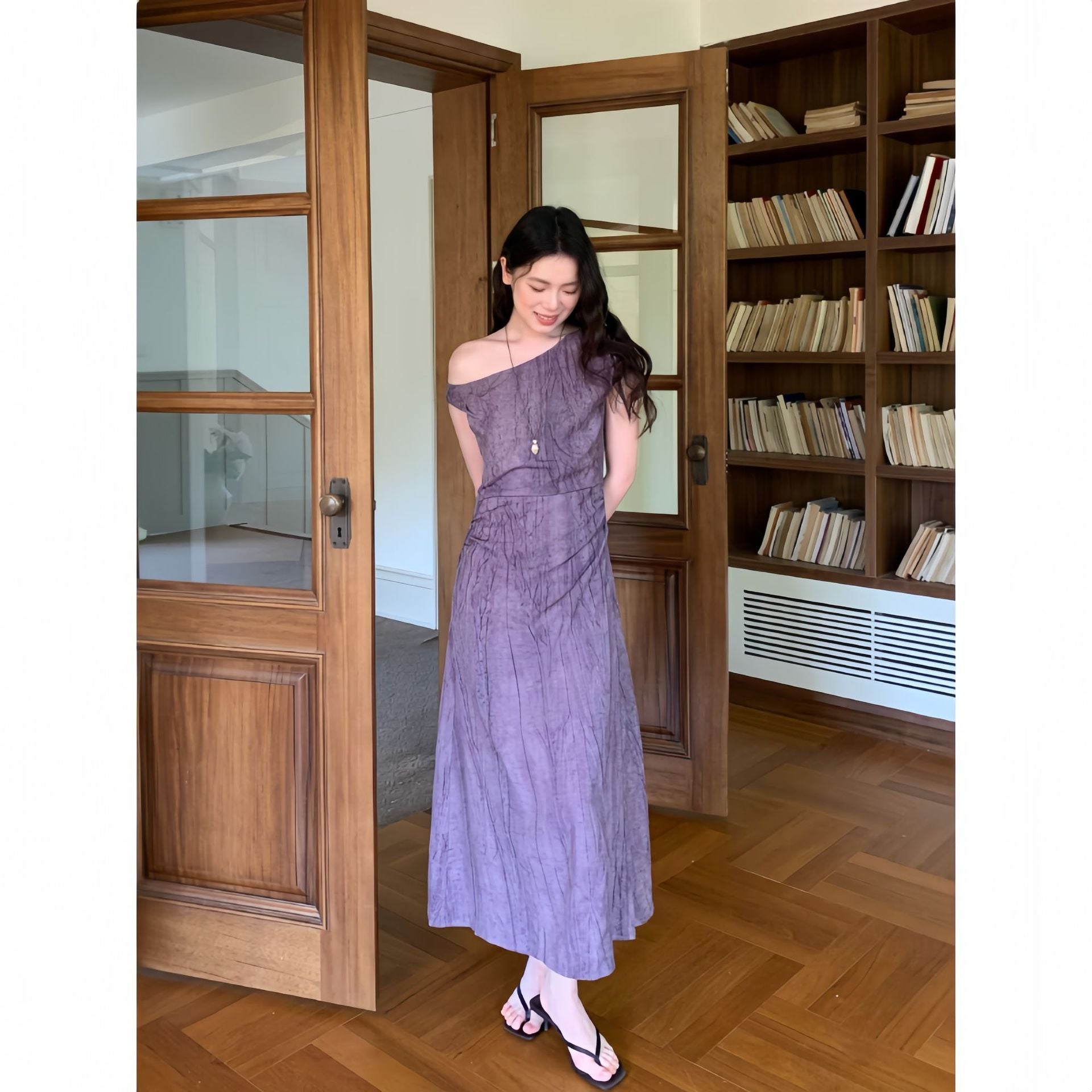 Slant collar temperament cotton and linen drape off-the-shoulder dress
