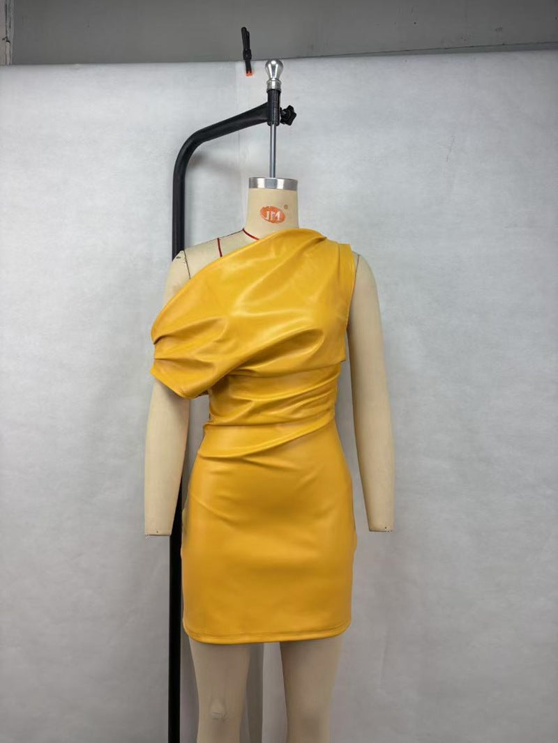 One-Shoulder PU Leather Mini Dress
