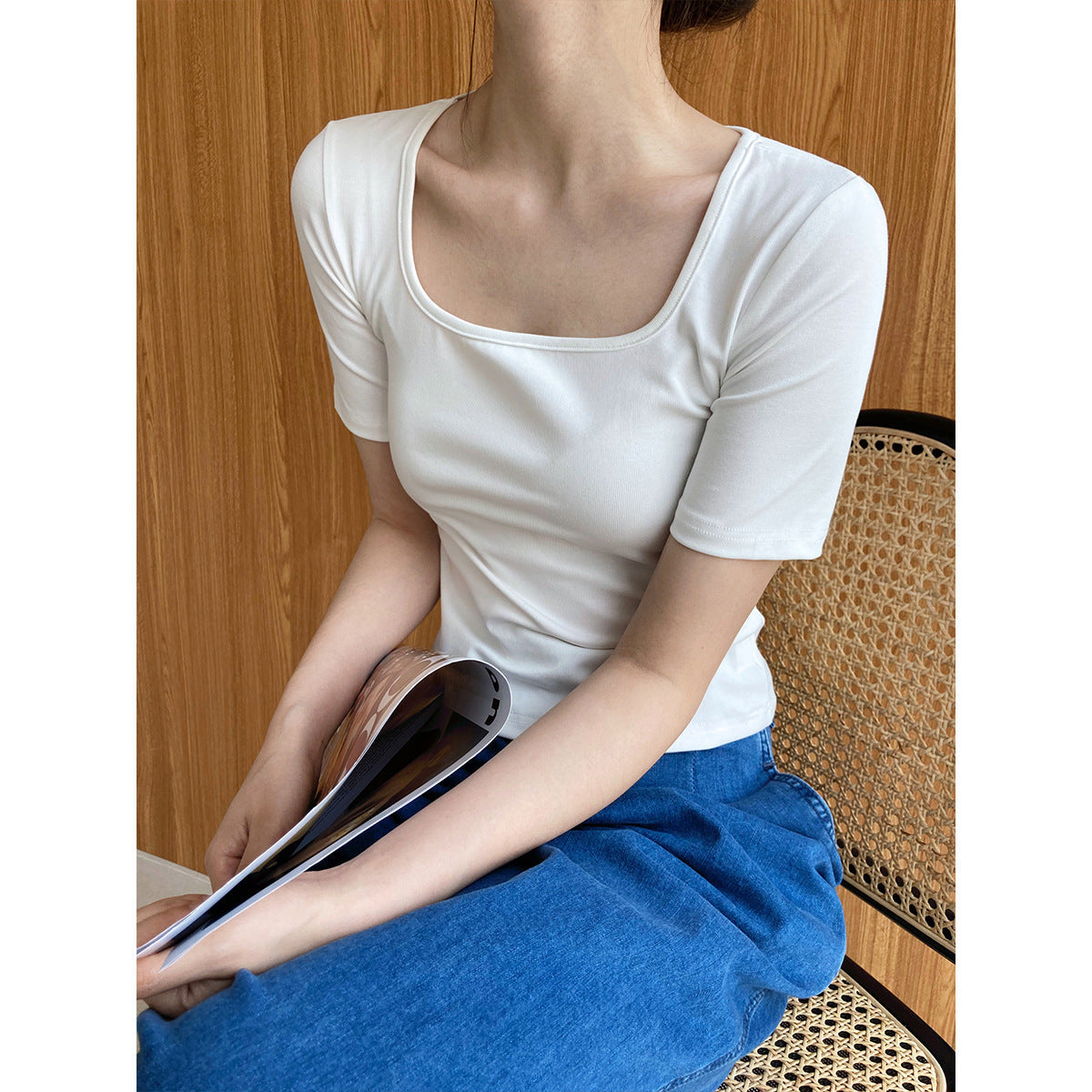 New solid color short square neck short-sleeved T-shirt women's high waist slim-fitting clavicle top