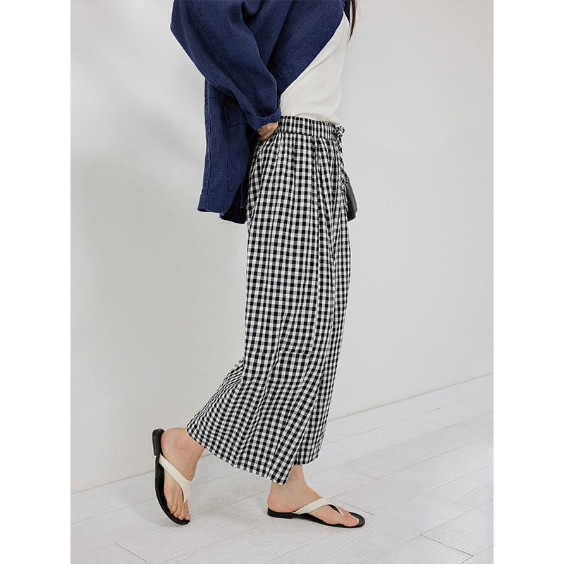Hip covering thin scimitar balloon pants elastic casual pants contrasting plaid pants