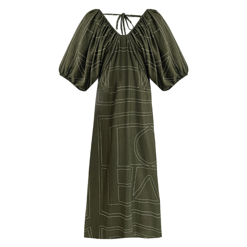 Korean puff sleeve resort style V-neck backless strap skirt summer new puff sleeve dress