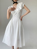 Summer coffee break French v-neck bubble sleeve dress women's summer high-end waist niche a-word long dress