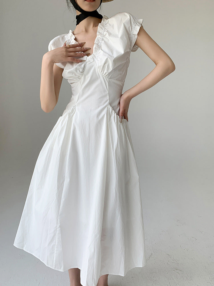 Summer coffee break French v-neck bubble sleeve dress women's summer high-end waist niche a-word long dress