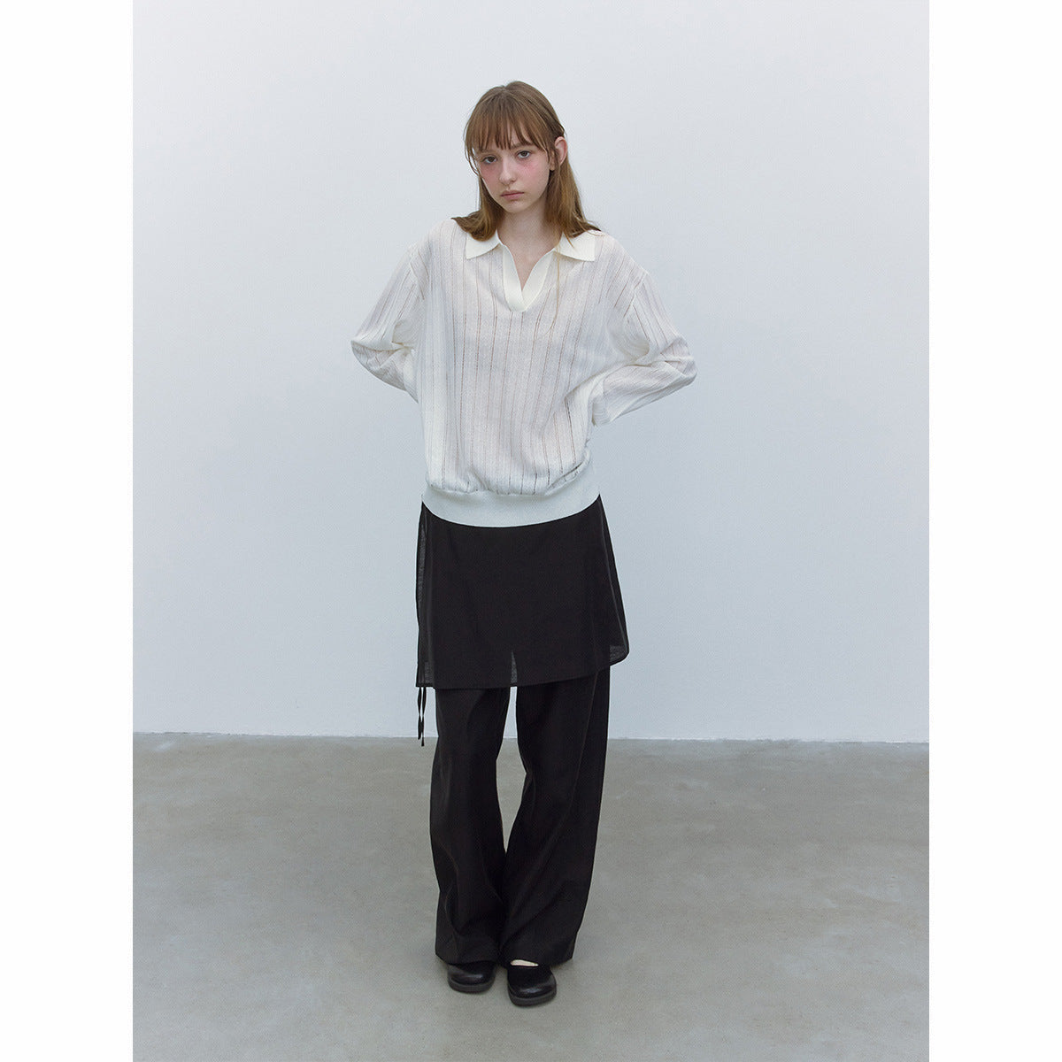 Autumn new casual cool hemp silk hole-picking polo collar thin micro-transparent knitted jumper