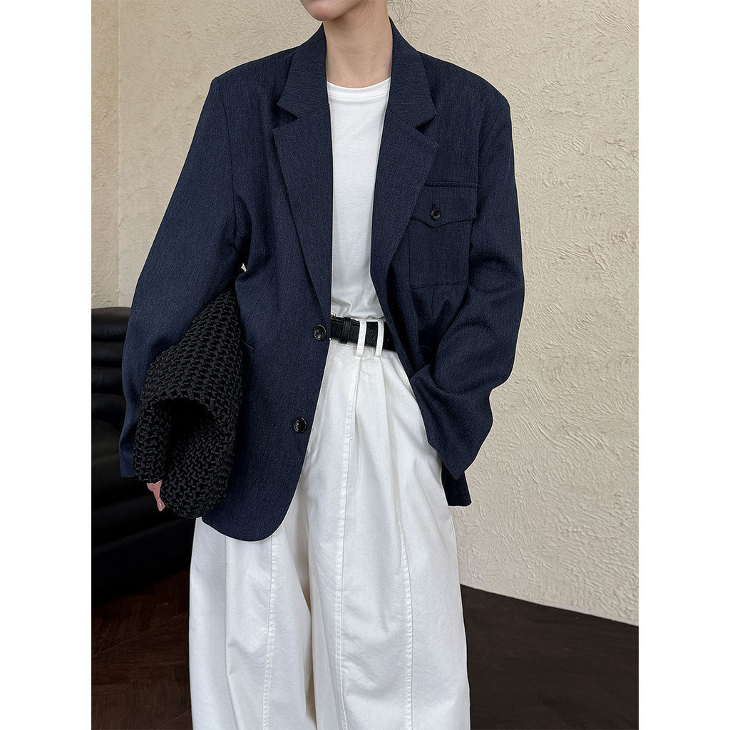 French niche flip-neck pocket suit women's autumn new silhouette casual jacket