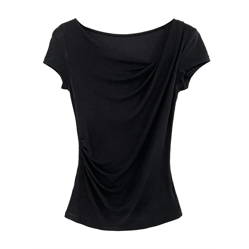 French slanted shoulder swing neck short-sleeved T-shirt summer silk wool soft waxy light slim slim top