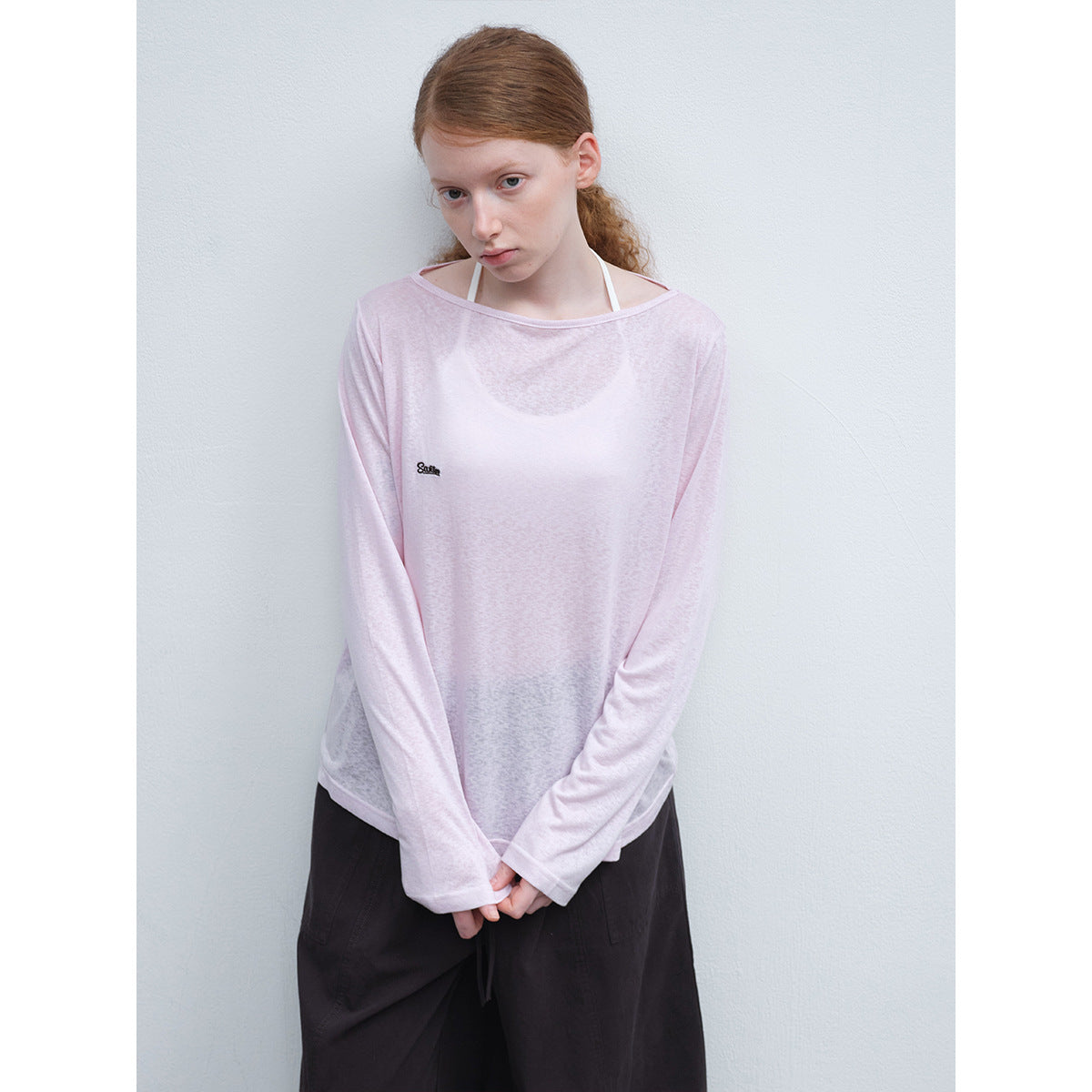 Spring New Casual Tencel Hemp Embroidery Solid Color Versatile Boat Collar Thin Transparent Long Sleeve T-Shirt