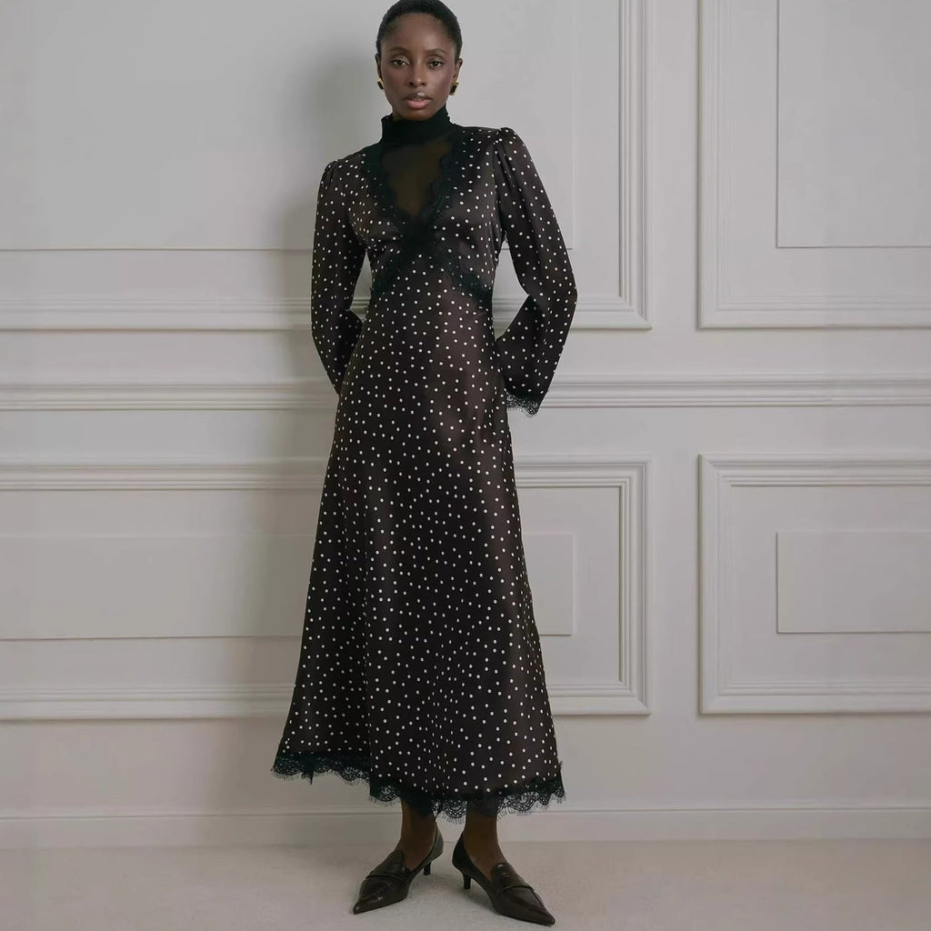 Spring Lace Polka Dot Print Dress Halter Sexy Spice Girl Long Sleeve Dress