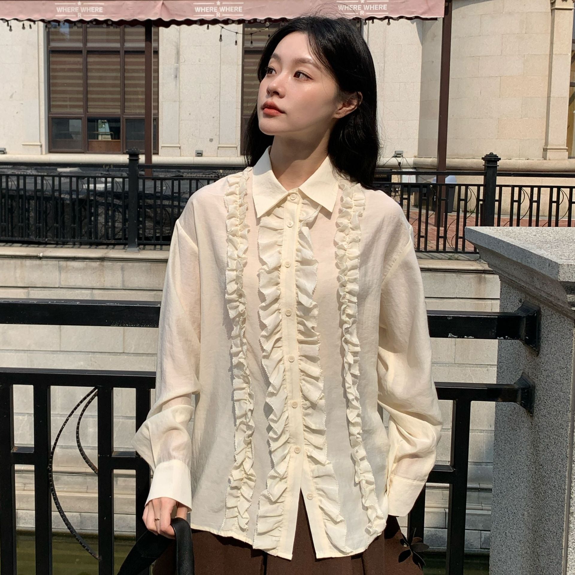 Heavy Industry Micro Transparent Splicing Long Sleeve Lapel Fungus Edge Shirt