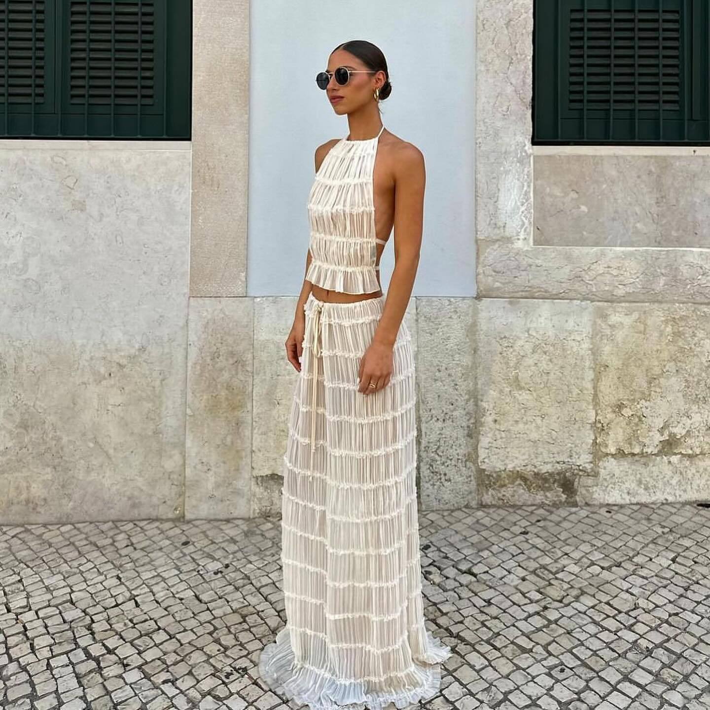 Fashion sexy backless holiday top skirt two-piece set