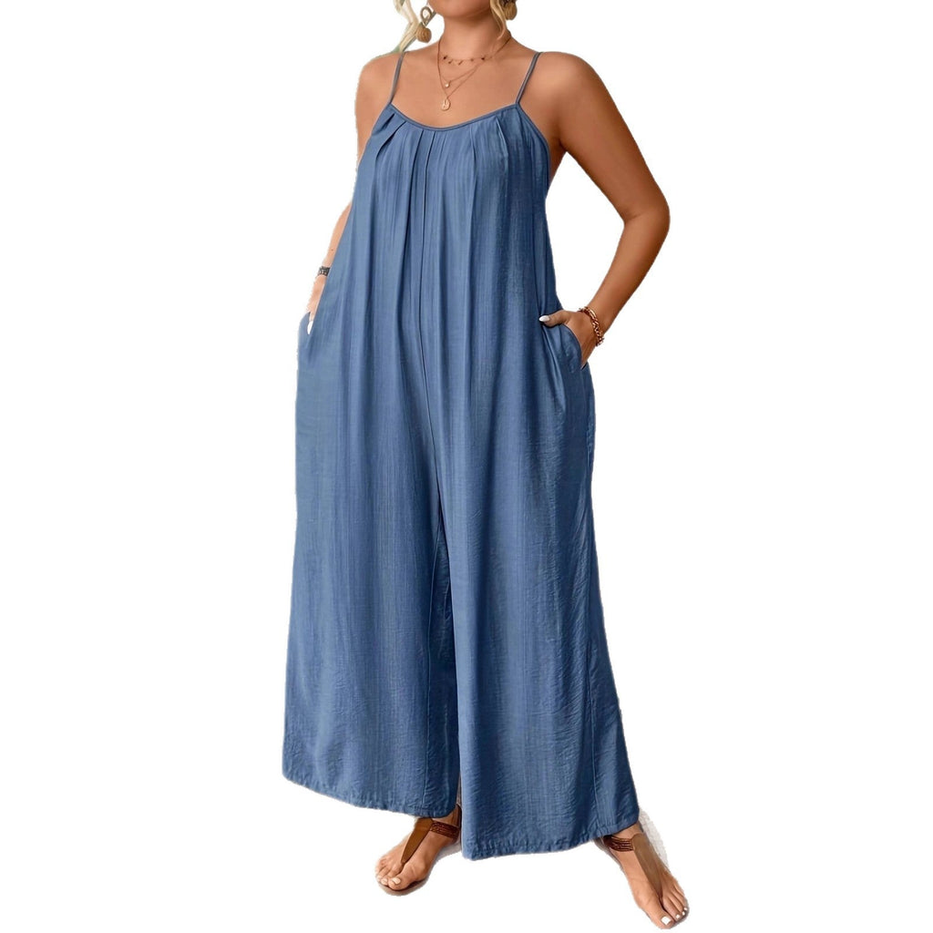 New large size solid color pocket temperament casual suspender wide leg jumpsuit