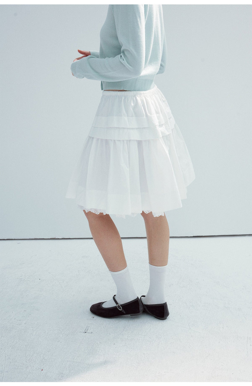 Spring new casual high-waisted drawstring lace cotton brocade solid color splicing short skirt