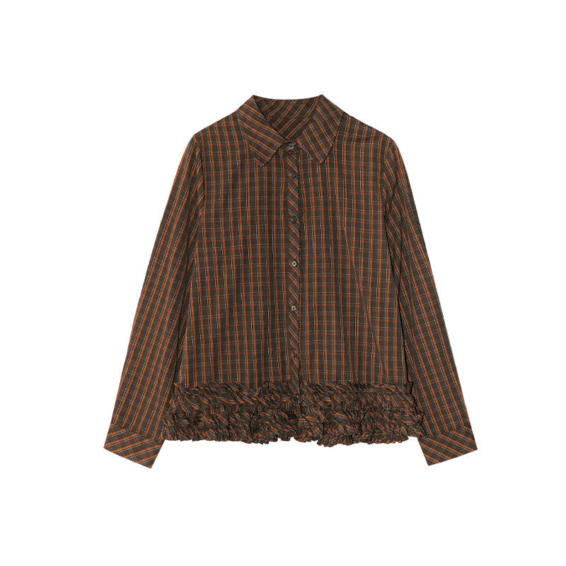 Autumn Merad retro fashion foreign style lapel long sleeve plaid shirt women