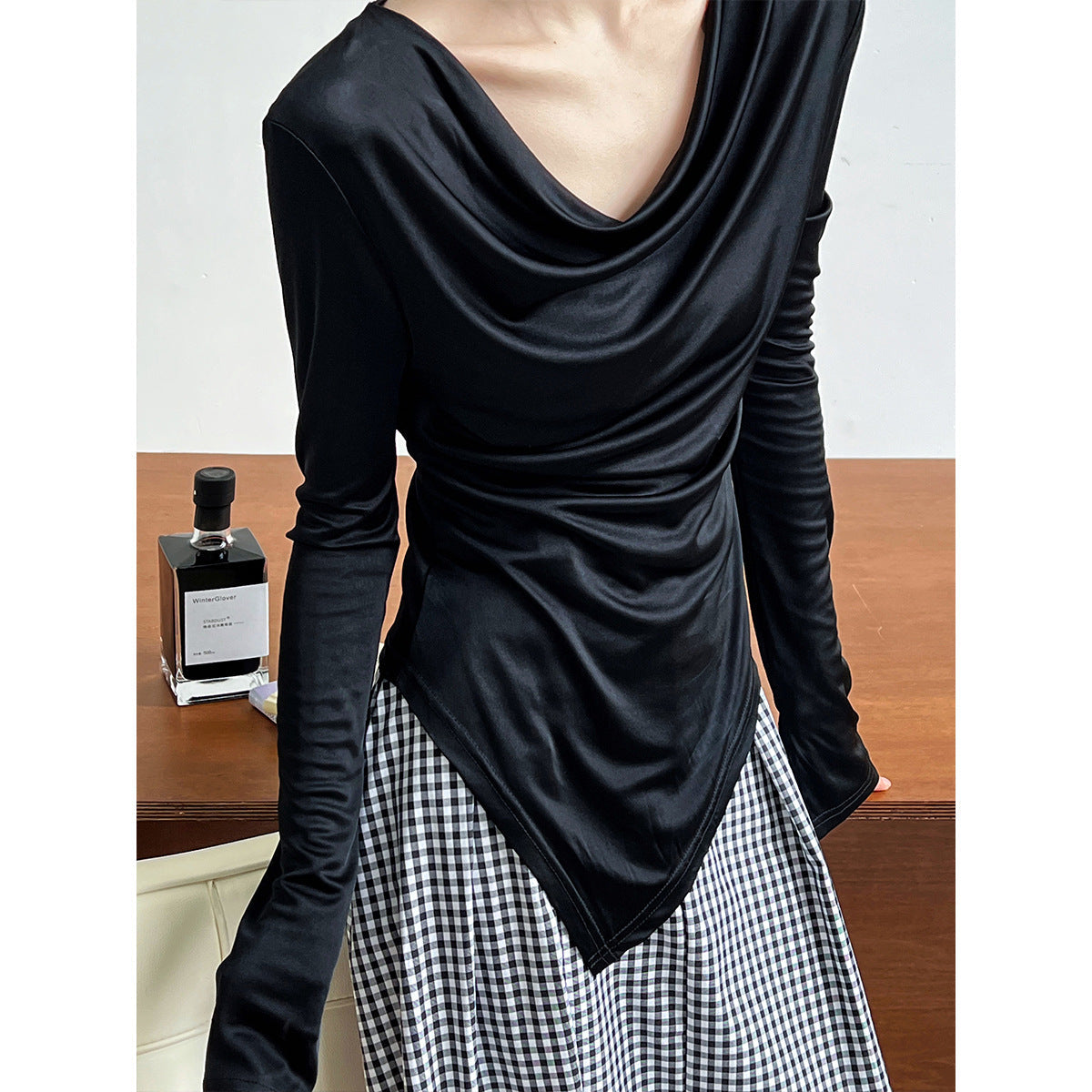 High-end design sense stacked collar irregular long-sleeved acetic acid T-shirt women's pure desire bottoming shirt top 2605