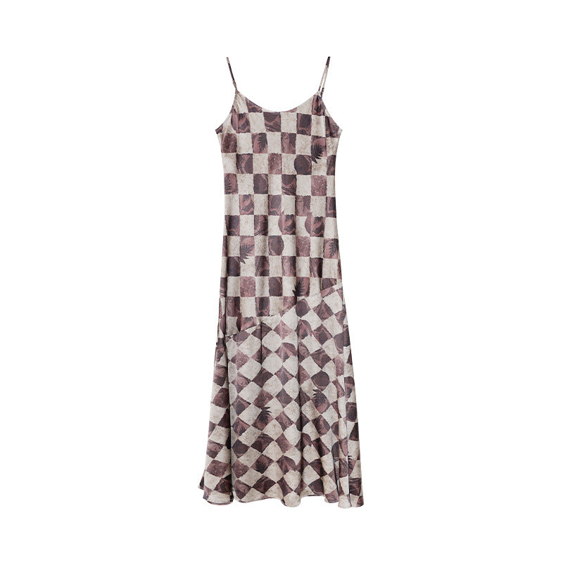 Skinny temperament checkerboard long suspender dress