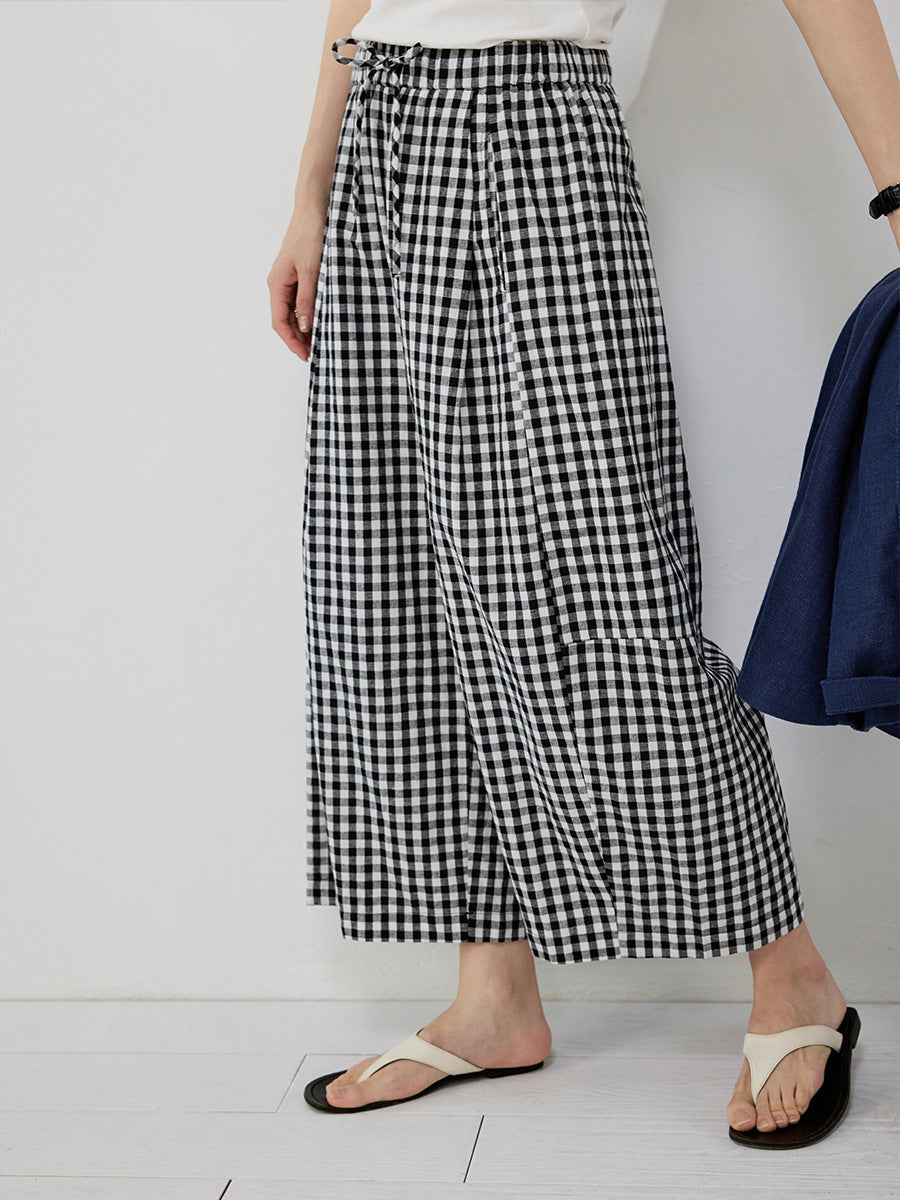 Hip covering thin scimitar balloon pants elastic casual pants contrasting plaid pants