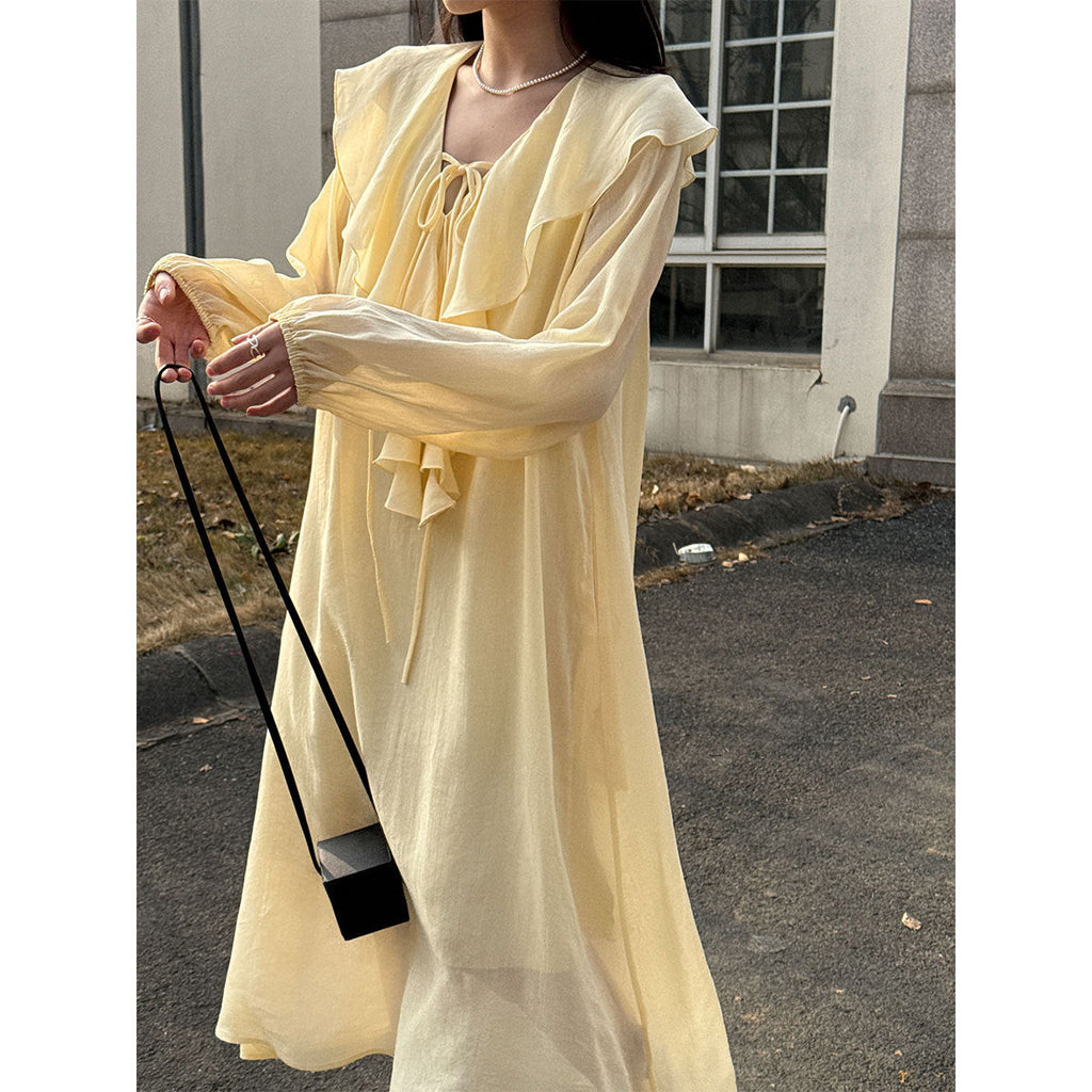 French simple ruffle V-neck dress spring new bubble sleeves lazy long skirt