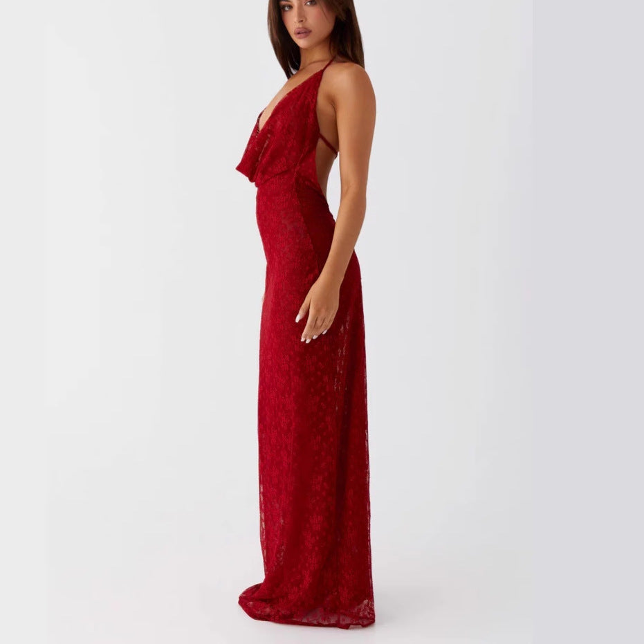 Women's new fashion lace lace-up long dress big halter sexy hottie suspender dress