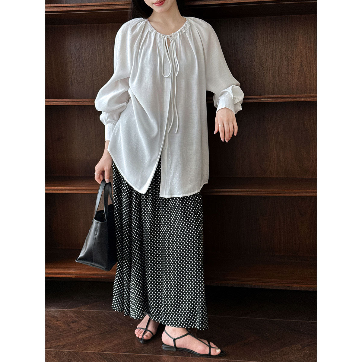 Tencel light and transparent neckline pleated lace-up shirt women's summer new shirt long-sleeved top