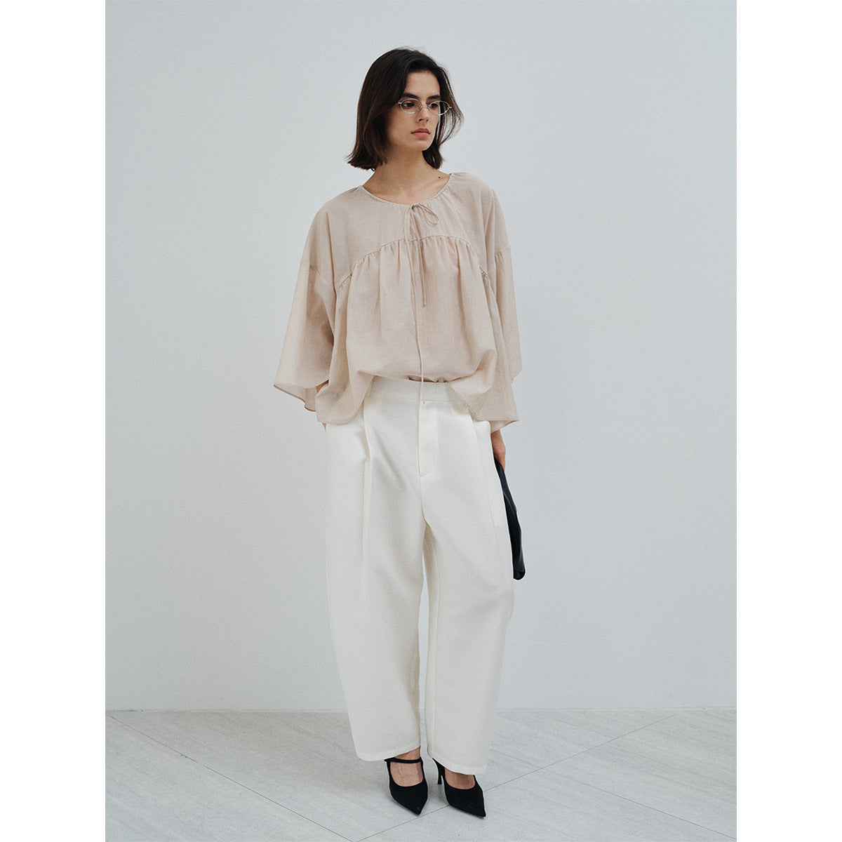 Pleated Tencel Long Sleeve Loose Pullover Shirt