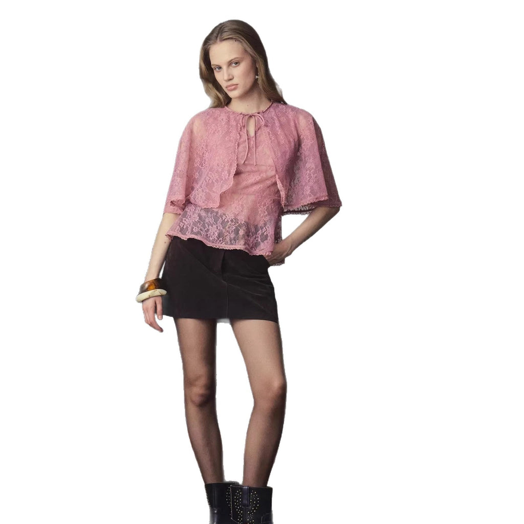 Fashion Solid Color Lace Top Shawl Vacation Two-piece Cardigan T-Shirt