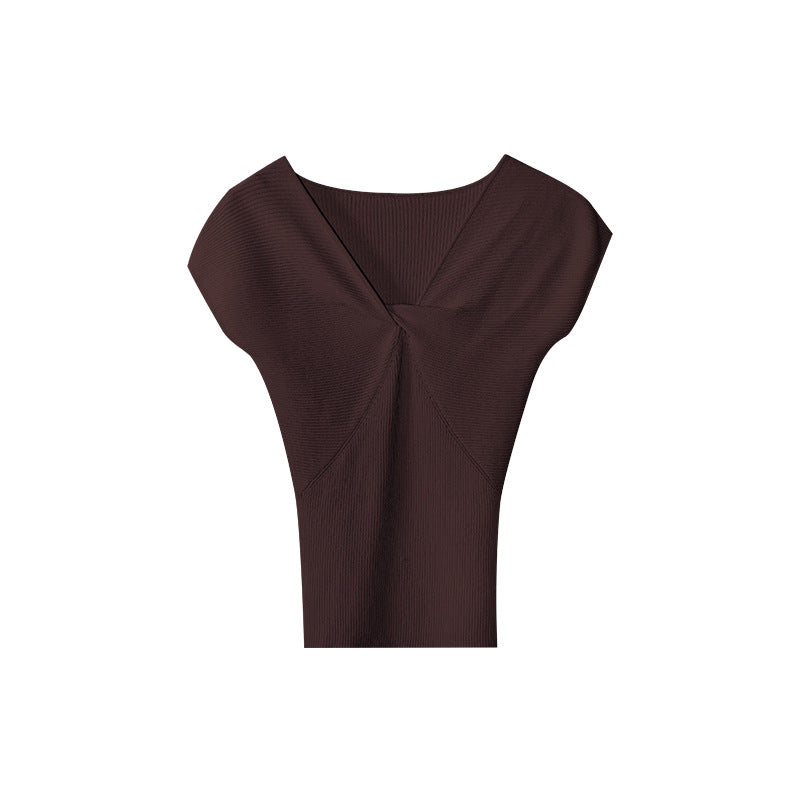 Elastic pit strip short-sleeved knitted slim kink v-neck top S578
