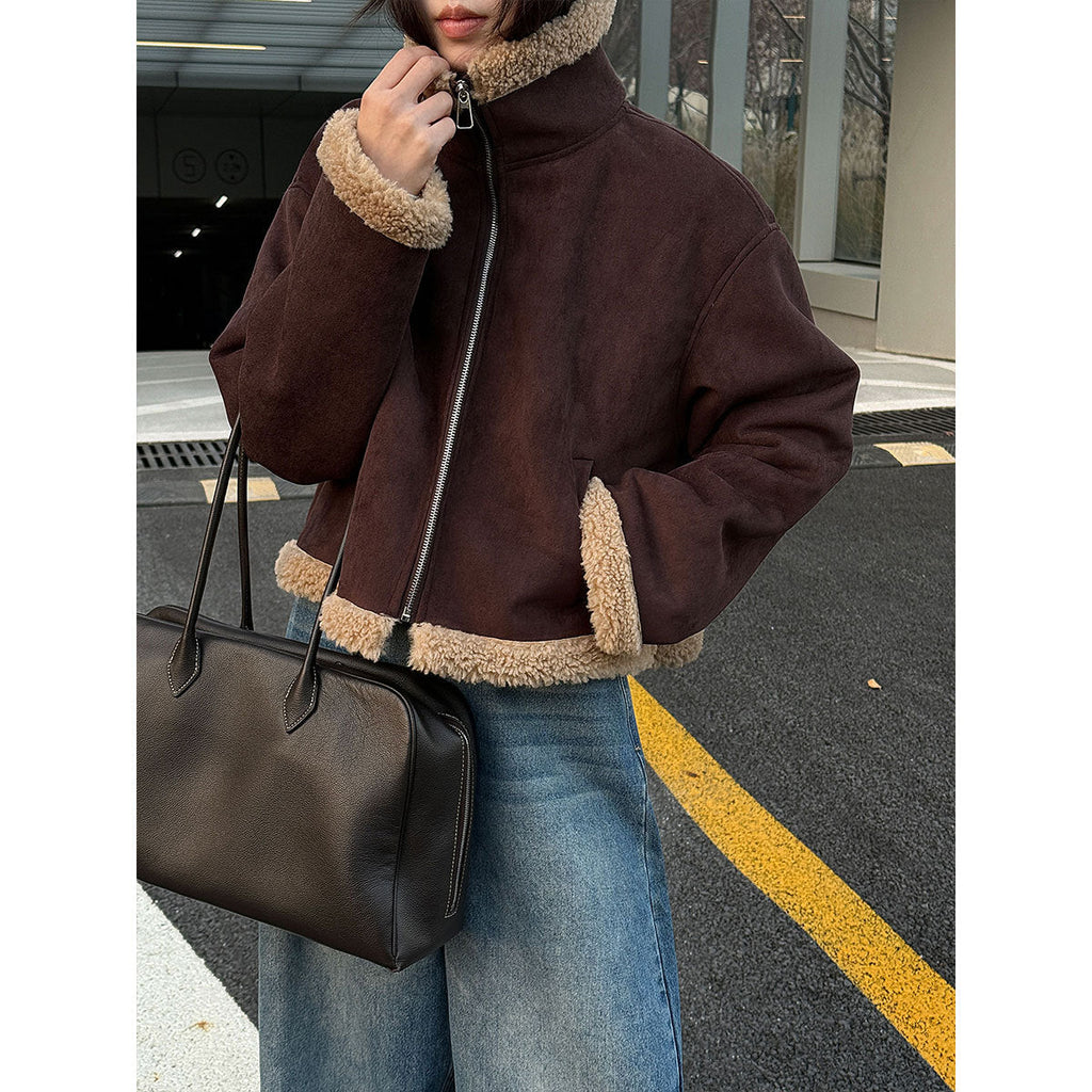 Korean stand-up collar suede spliced lamb wool short coat women's new winter versatile thermal top