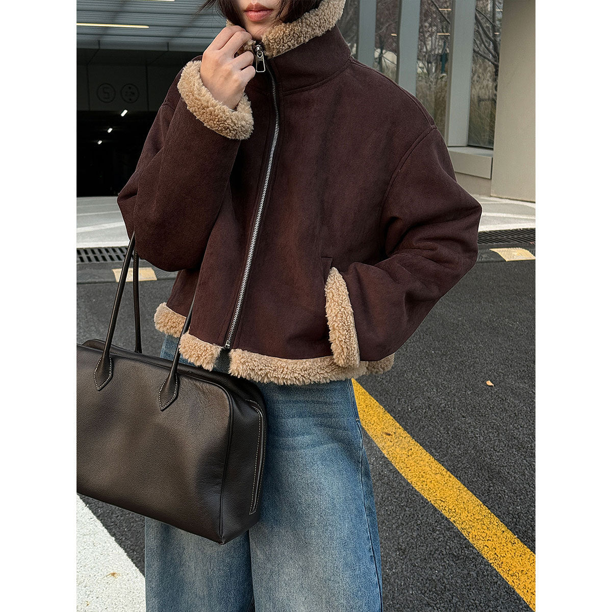 Korean stand-up collar suede spliced lamb wool short coat women's new winter versatile thermal top