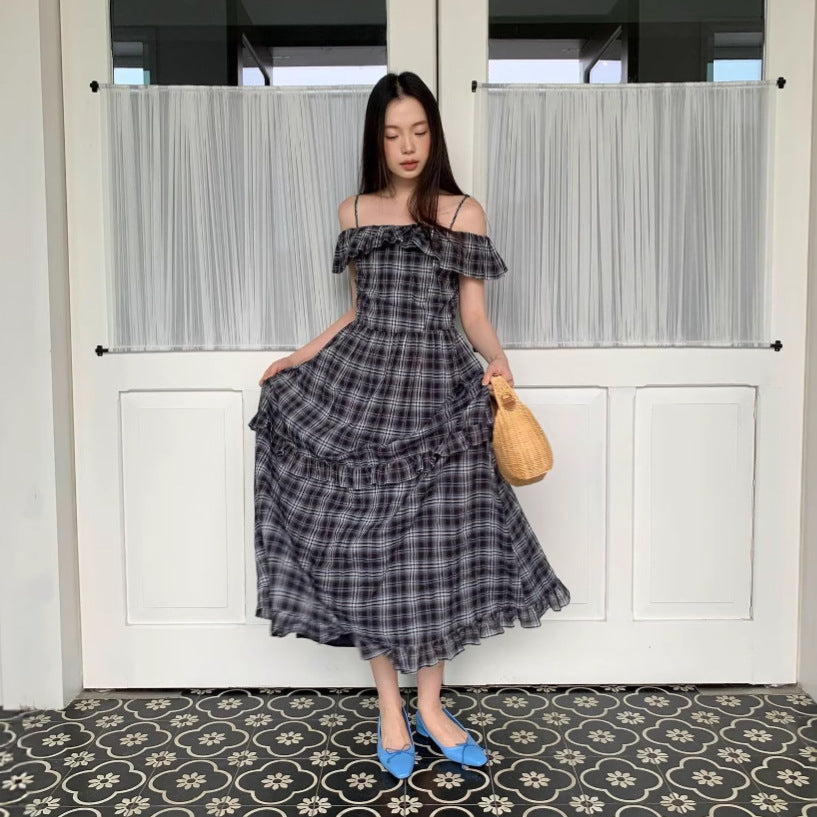 Plaid ruffle edge one-word shoulder suspender dress