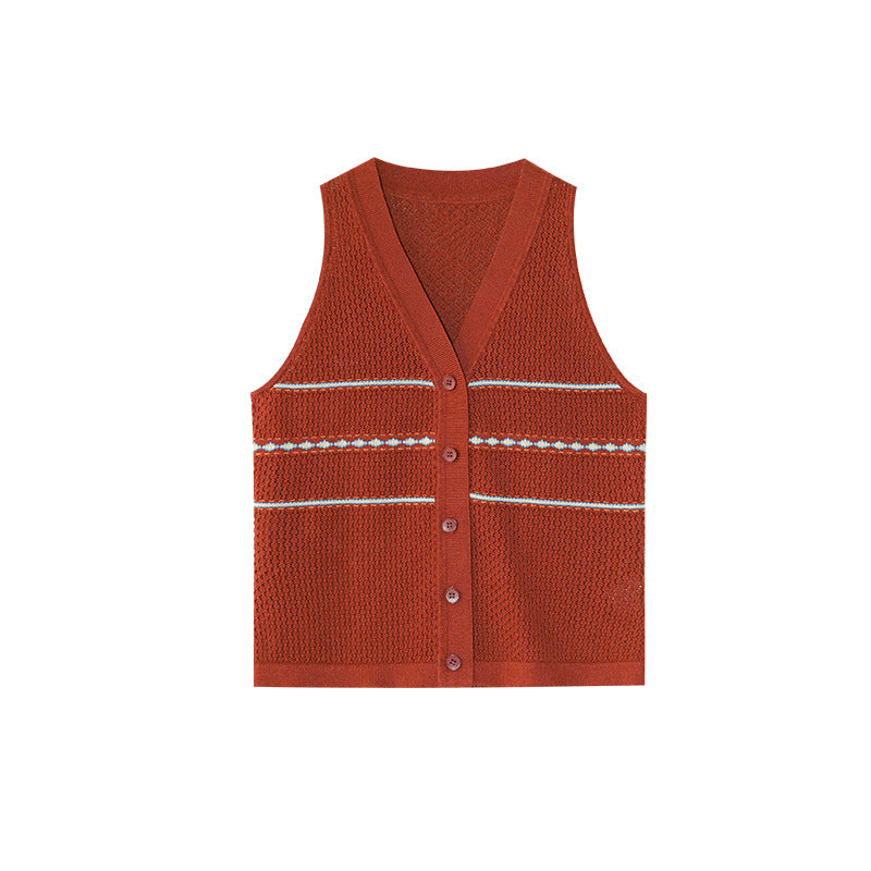Simple striped cotton single-breasted v-neck sleeveless knitted vest