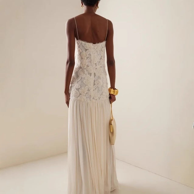 Women's new fashion celebrity chiffon long dress three-dimensional flower splicing suspender dress