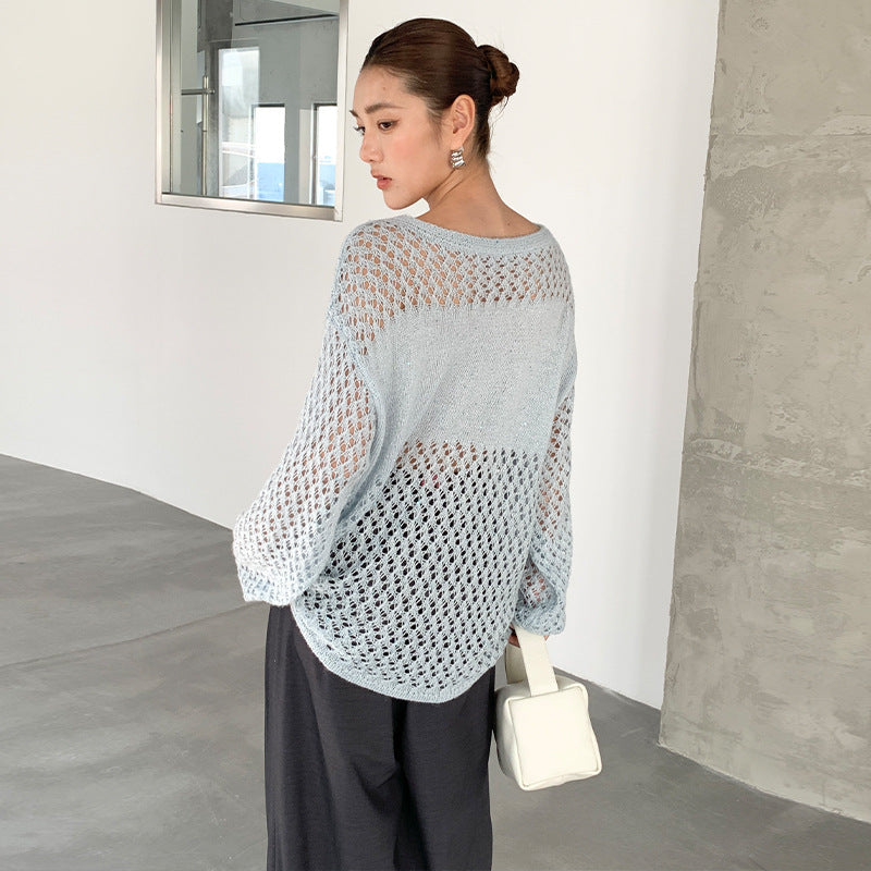 White hollow knitted sweater women's spring lazy wind loose sequined sunscreen blouse
