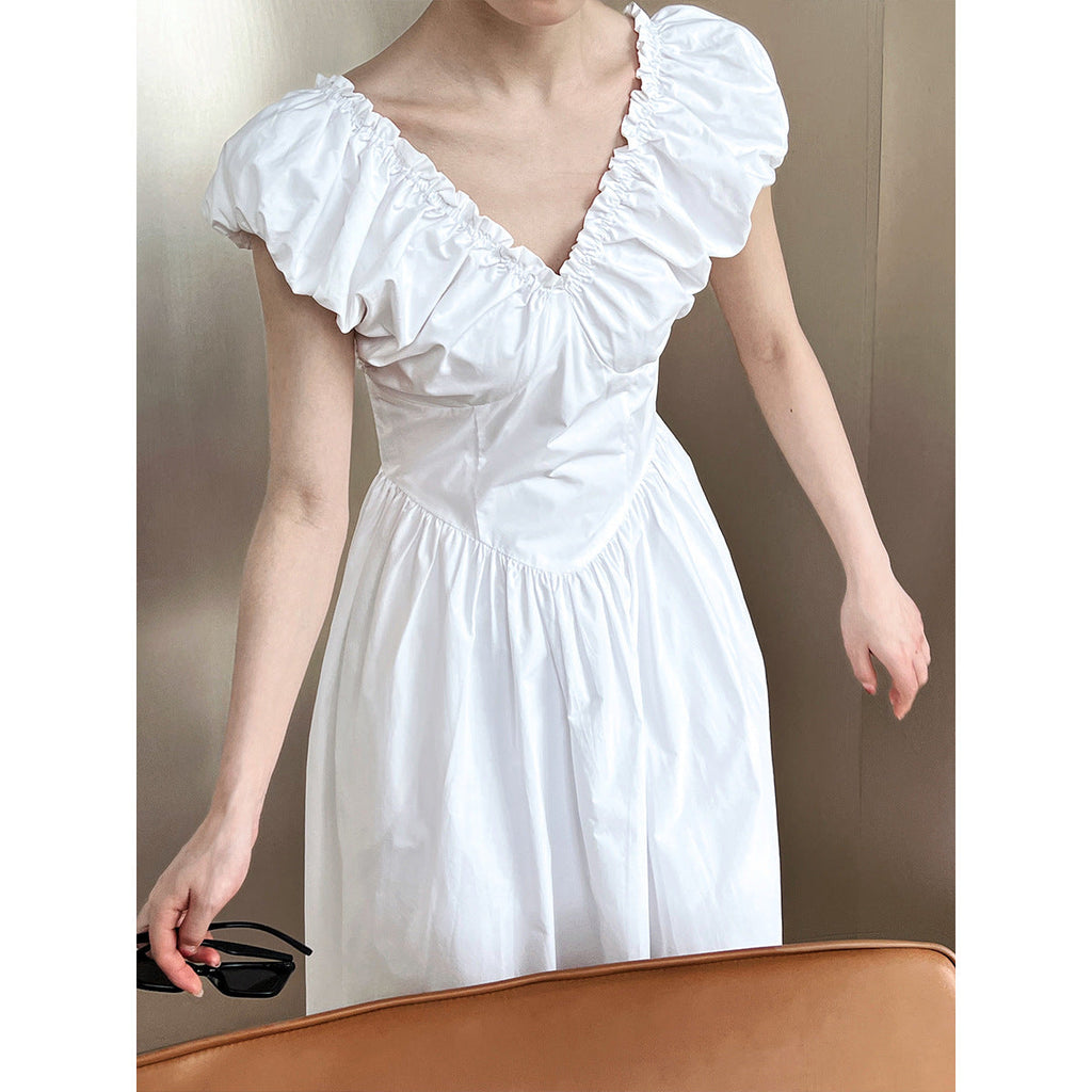 waist halter V-neck dress, celebrity temperament, high-end sense, sleeveless pleated dress