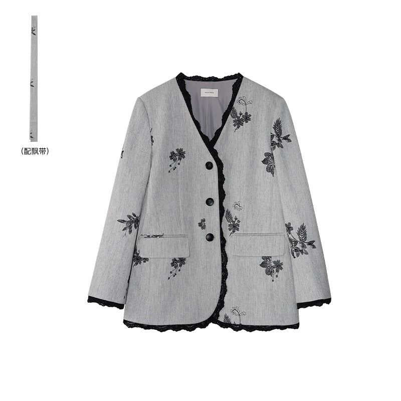 Loose embroidered lace edge v-neck blazer